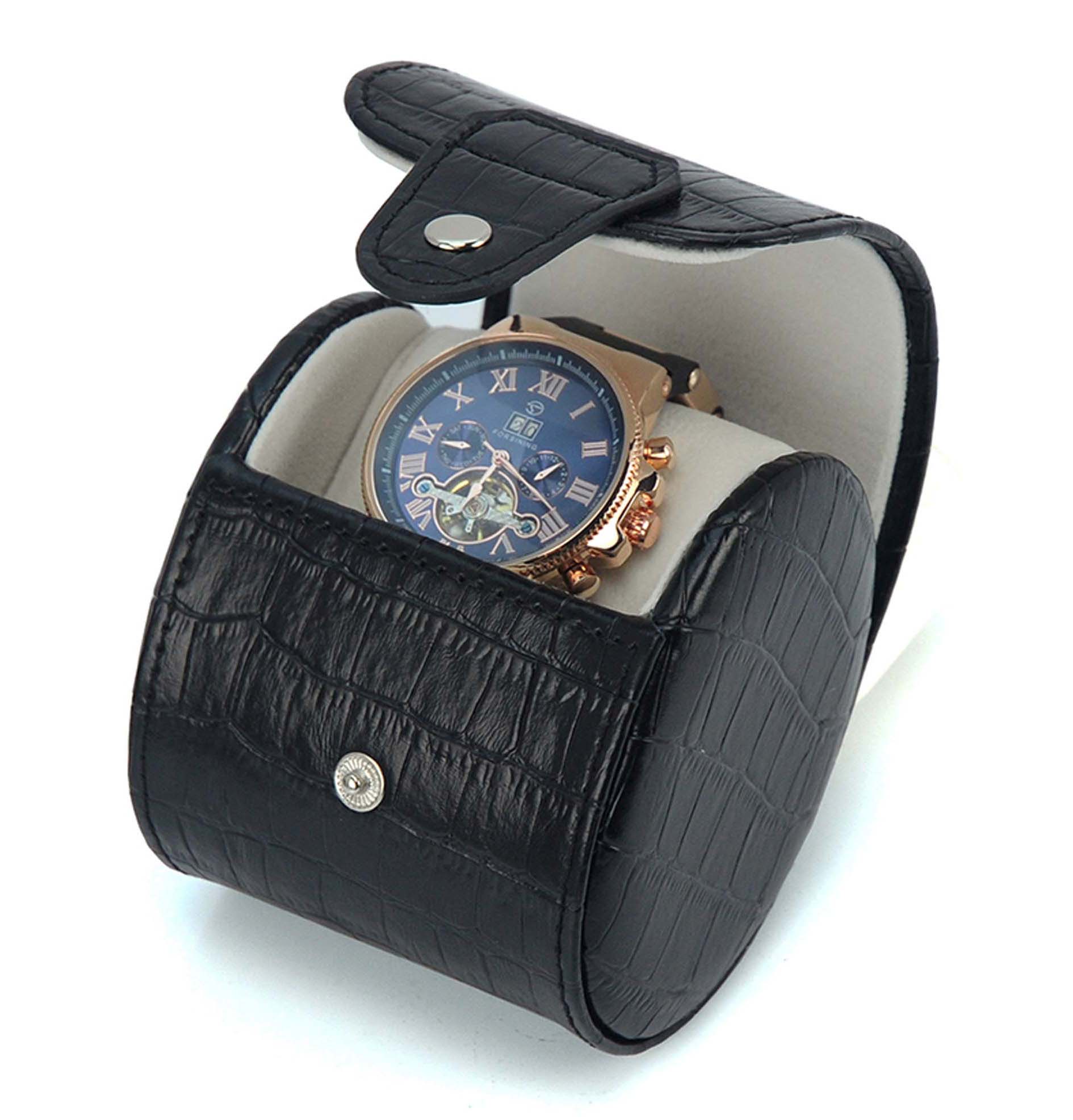 Genuine Leather croco black Single Watch travel Case