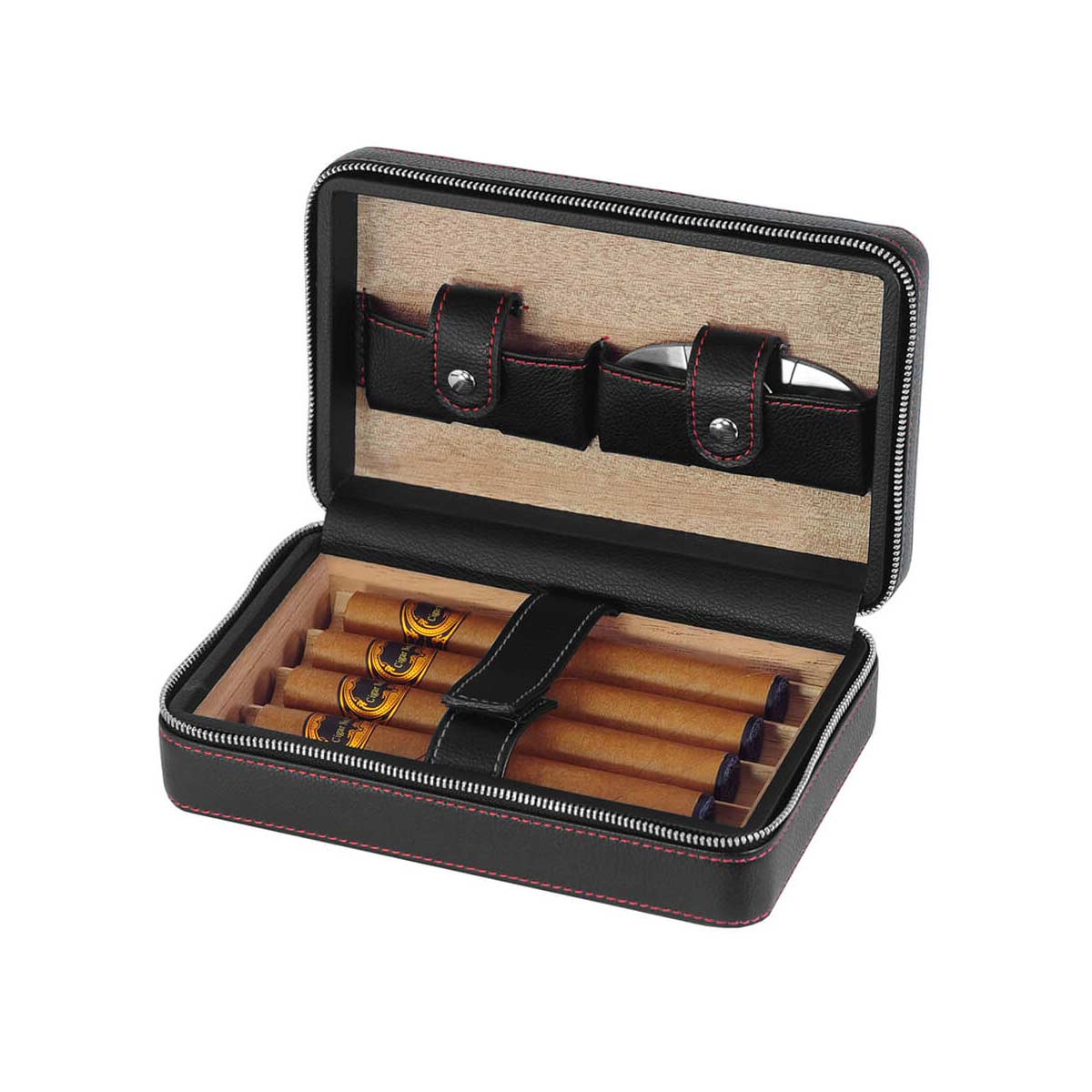 Travel Cigar case Leather black Spanish cedar