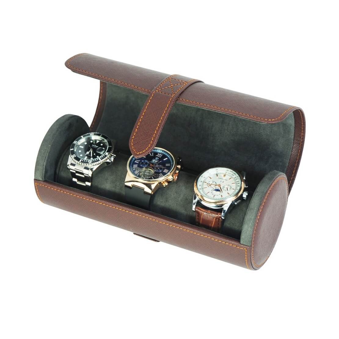 Leather travel watch case dark brown for 3 watches